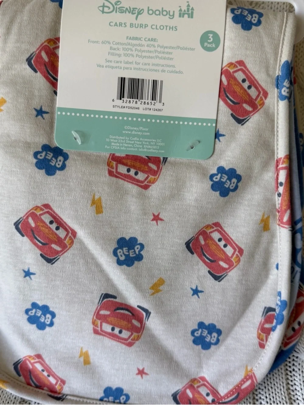 Disney Baby Pixar Cars Burp Cloth Set Lightning McQueen Baby Shower Gift NEW